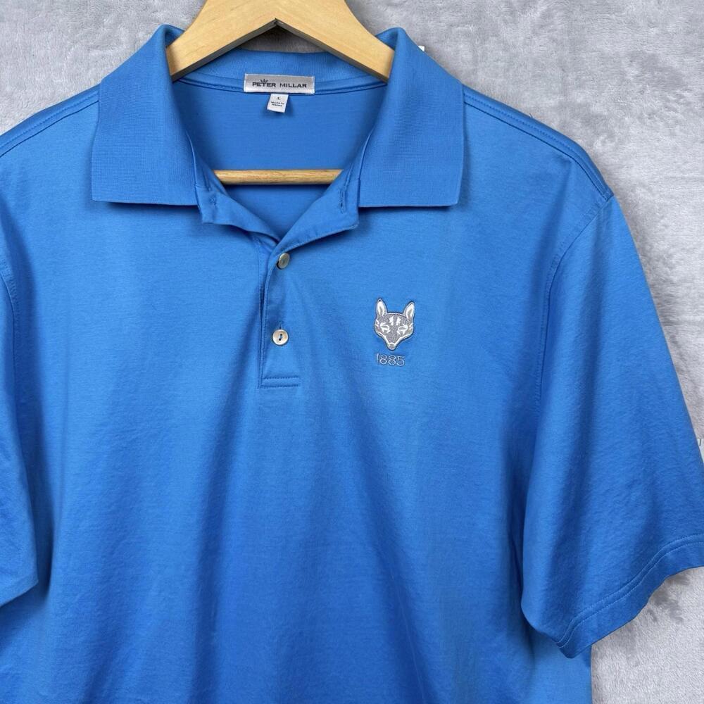Peter Millar Blue Cotton Polo Shirt 1885 Fox Logo Men Size L Golf Casual Stretch